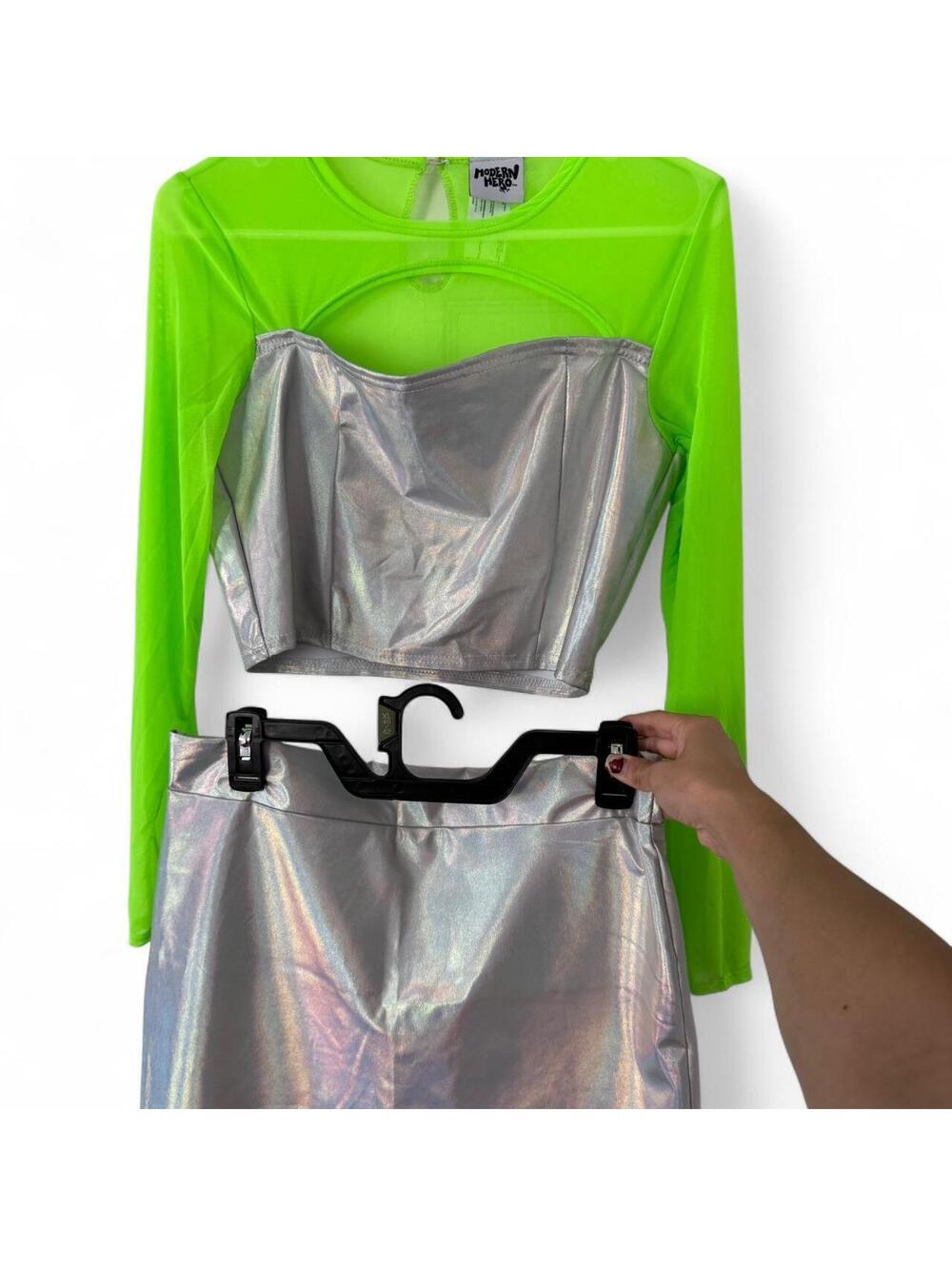 NWOT Futuristic Holographic Techno/EDM Mesh Rave Top & Mini Skirt Set Size L